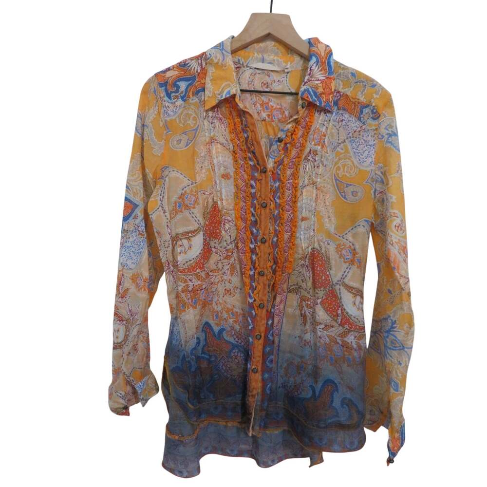 Soft Surroundings Women Sz L Paisley Orange Blue Button Front Boho Blouse Indie